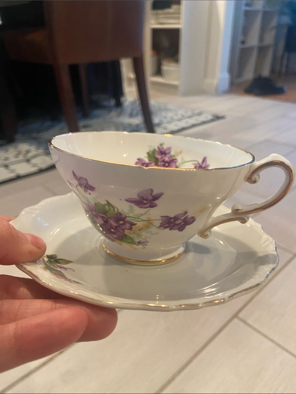 Stanley White Porcelain Teacup & Saucer with Purple Floral and Gold Trim